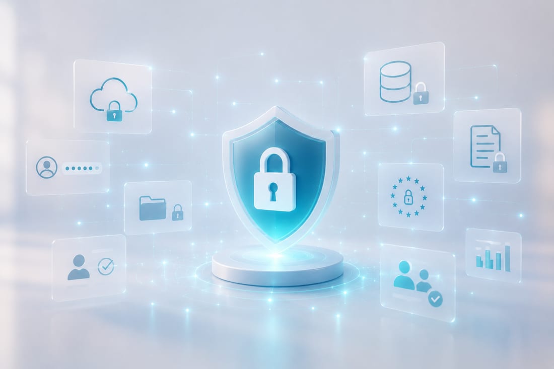 Illustration zu Datenschutz und Datensicherheit mit Schutzschild, Schloss und DSGVO-Symbolen
