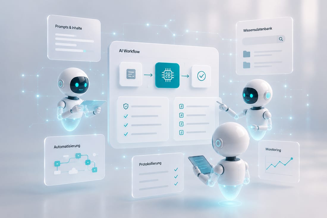 Illustration zur rechtssicheren KI-Nutzung mit KI-Assistenten, Workflow und Checklisten