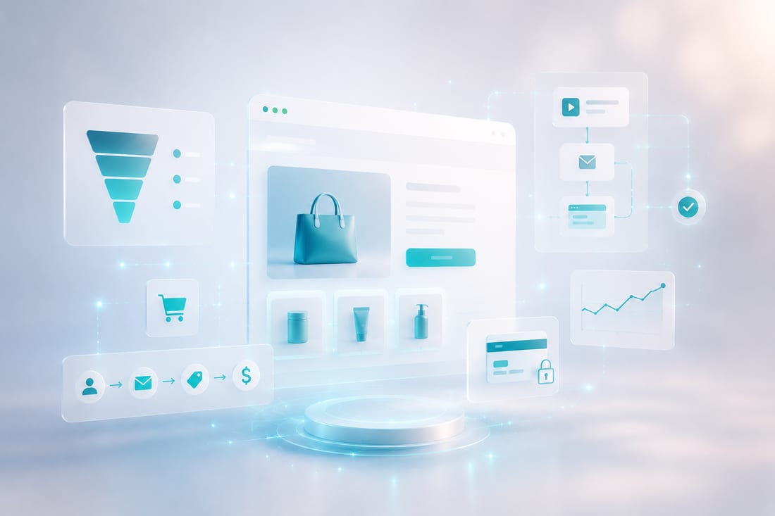 Illustration eines rechtssicheren Online-Verkaufsprozesses mit Funnel, Online-Shop und Statistiken